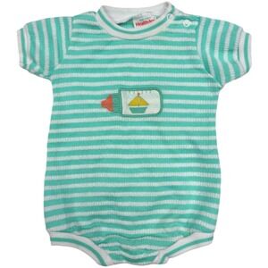 Vtg Health-Tex Baby 9 Mos Green White Stripe 1pc Romper Outfit Bottle Boat USA